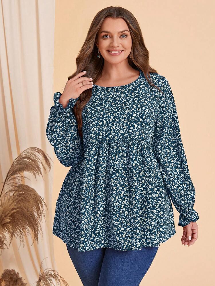 EMERY ROSE Plus Ditsy Floral Print Flare Sleeve Peplum Blouse - Navy Blue - View 4