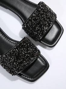 Sandalias Planas Para Mujer En Tallas Grandes, Chanclas De Playa De Verano Con Decoración De Diamantes De Imitación - Negro - Ver 6