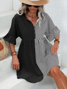 SHEIN Unity Striped Print Flare Sleeve Shirt Dress