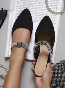 Faux Suede Rhinestone Decor Flat Mules - Black - View 4