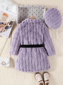 SHEIN 女小童素色腰帶絨毛外套&帽