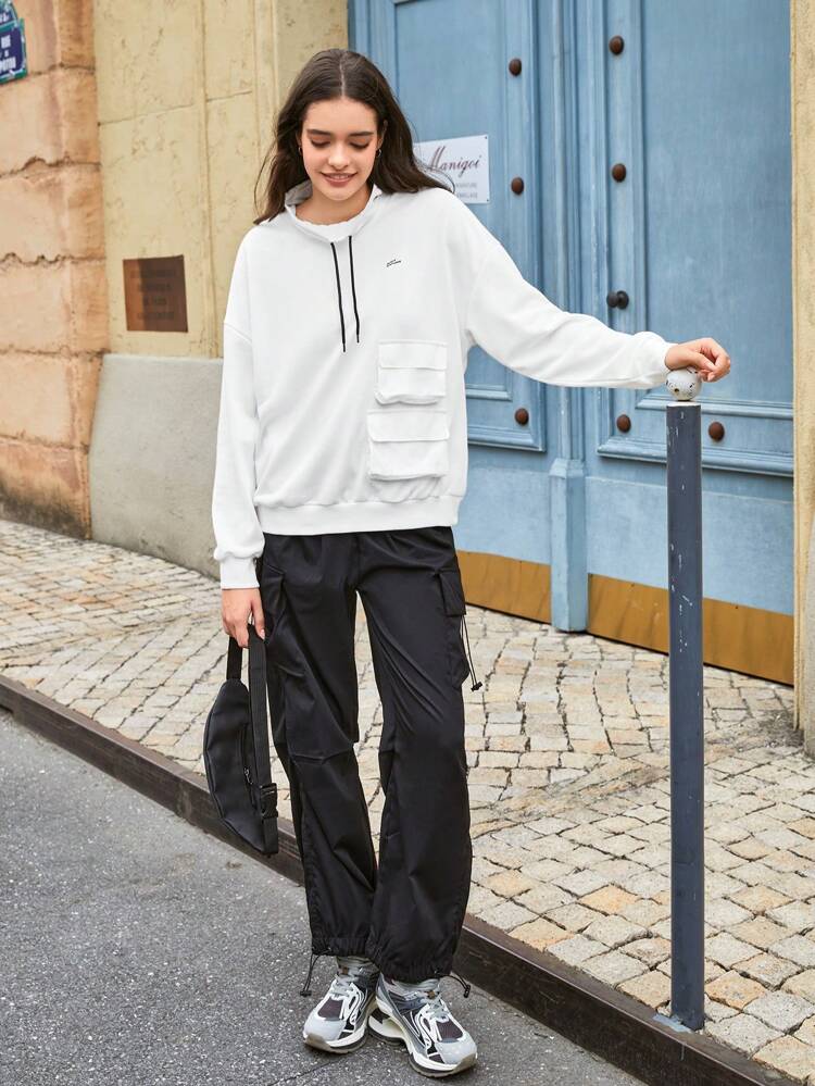 Letter Graphic Flap Pocket Drop Shoulder Drawstring Outdoor Sweatshirt
