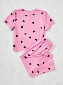 SHEIN Young Girl Heart Print PJ Set - Pink - View 2