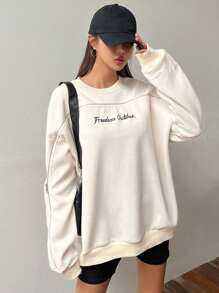 DAZY Letter Graphic Top-Stitching Drop Shoulder Sweatshirt,Fall Clothes - Beige - View 5