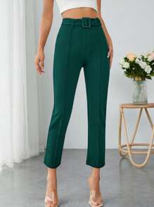 SHEIN PETITE Solid Seam Front Belted Pants - Dark Green - View 6