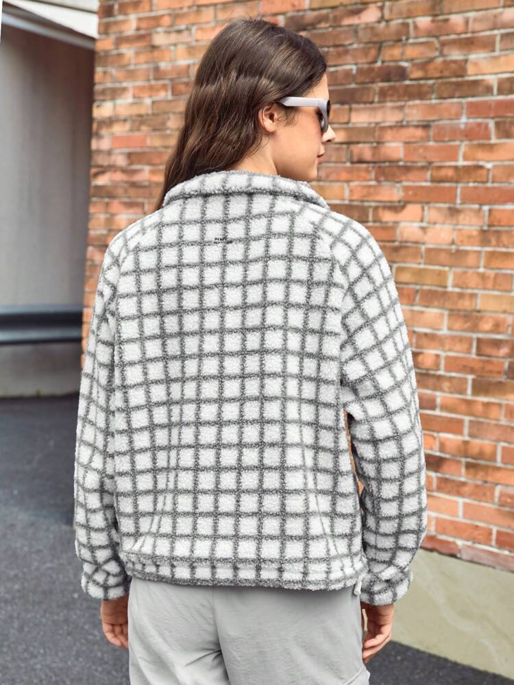 Plaid Pattern Drop Shoulder Drawstring Outdoor Fleece Jacket