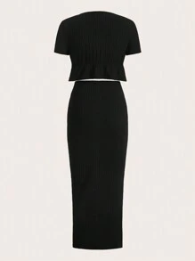 SHEIN EZwear Tie Front Peplum Top & Split Back Skirt