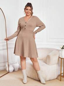 SHEIN Essnce Plus Button Front Ribbed Knit A-line Dress - Khaki - View 3