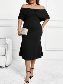 Celure Plus Solid Off Shoulder Dress - Black - View 3