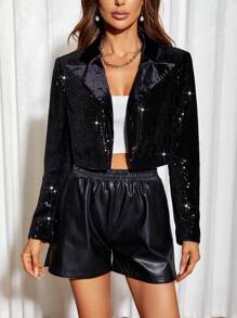 SHEIN Privé Cổ áo Mùa vụ Kim sa Áo vest - màu đen - Xem 1