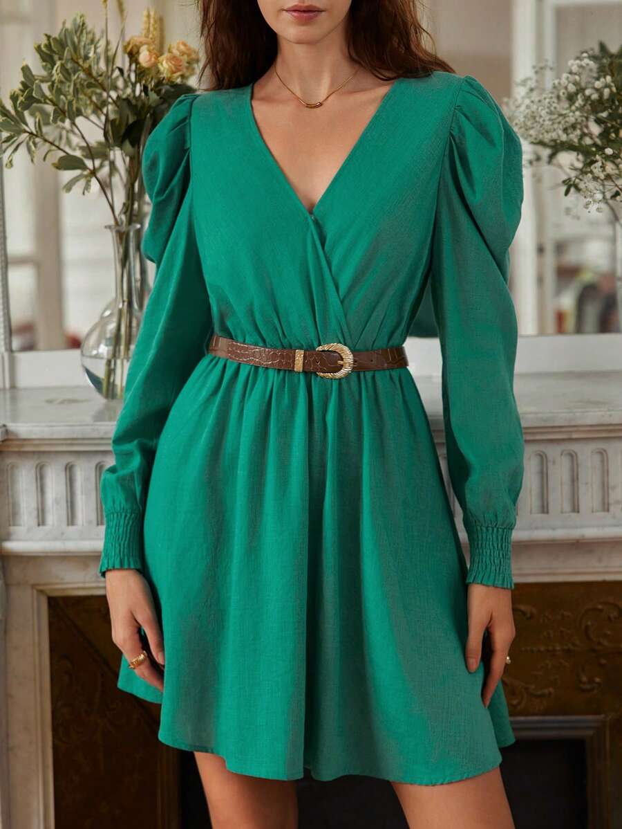 SHEIN Frenchy Surplice Neck Gigot Sleeve Dress Without Belt Winter Elegant Evening Dress Christmas Green - Green - View 1
