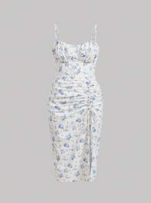 SHEIN MOD Plus Floral Print Drawstring Split Thigh Cami Dress - Blue and White - View 1