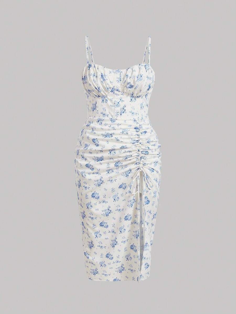 SHEIN MOD Plus Floral Print Drawstring Split Thigh Cami Dress - Blue and White - View 1
