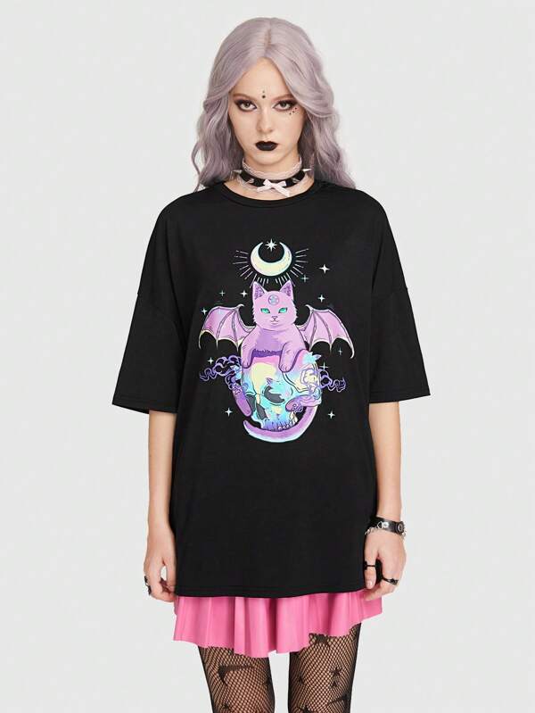 ROMWE Goth Cartoon Graphic Drop Shoulder Tee | SHEIN UK