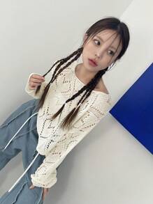 DAZY Solid Drop Shoulder Crop Sweater - Beige - View 2