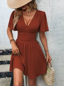 EMERY ROSE Plunging Neck Butterfly Sleeve Ruched Waist Dress