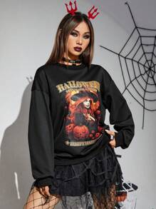 PUNK Halloween Print Drop Shoulder Sweatshirt - Black - View 3