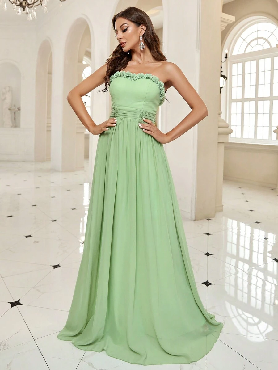 SHEIN Belle Frill Trim Ruched Tube Party Dress - Green - View 1