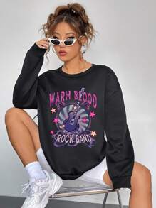 SHEIN EZwear Letter & Guitar Print Drop Shoulder Oversize Sweatshirt - Black - View 1
