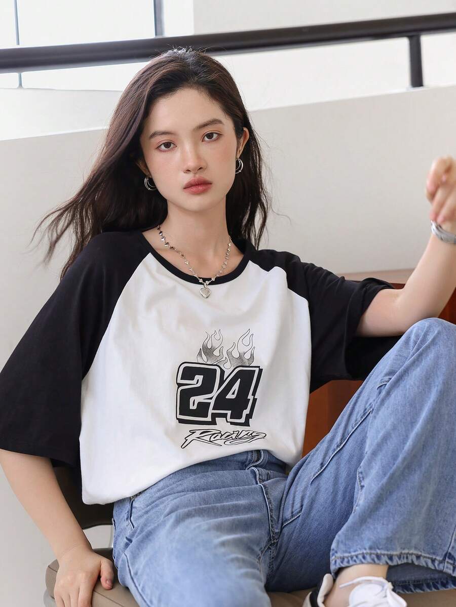 DAZY 字母和火圖案插肩袖T恤 - 黑與白 - 查看 1