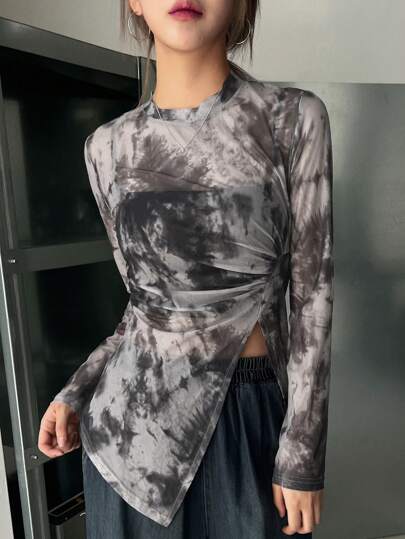 DAZY Tie Dye Split Hem Mesh Top Without Cami Top Going Out Tops Long Sleeve Women Tops