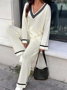 SHEIN Cottnline Striped Trim Drop Shoulder Sweater & Knit Pants - White - View 2