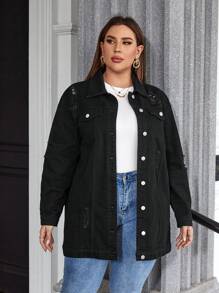 SHEIN Essnce Plus Flap Pocket Drop Shoulder Denim Coat - Black - View 6