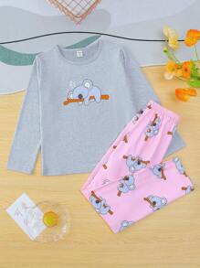 Conjunto de ropa de casa de niña preadolescente con camiseta estampada de koalas y pantalones largos