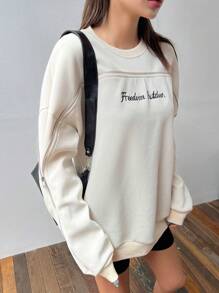 DAZY Letter Graphic Top-Stitching Drop Shoulder Sweatshirt,Fall Clothes - Beige - View 8