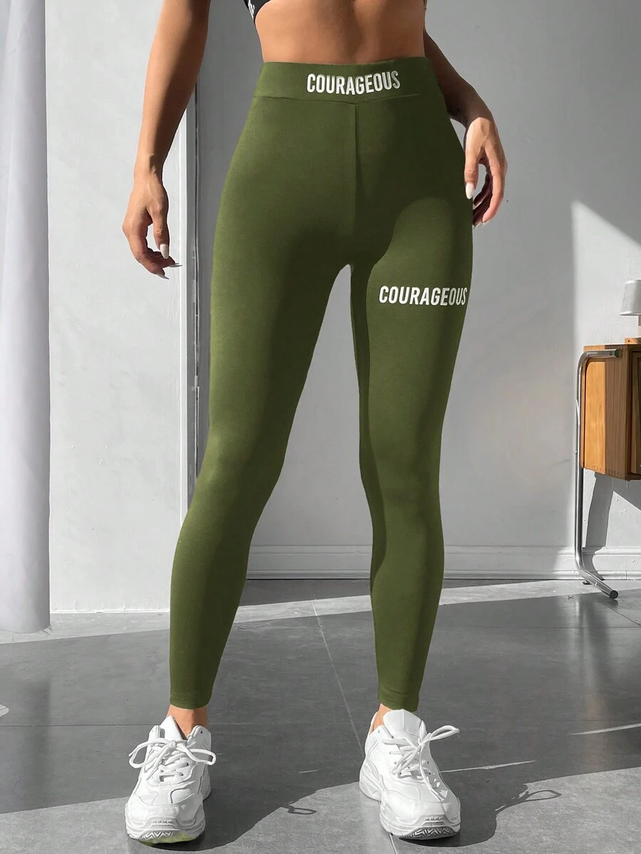 SHEIN PETITE Đồ họa Chữ cái Kiểm soát bụng Xà cạp - xanh quân đội - Xem 1