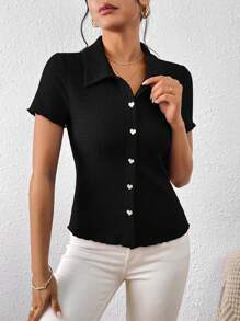 SHEIN Frenchy Solid Button Front Tee Black Summer Casual - Black - View 4