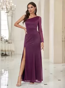 SHEIN Belle One Shoulder Split Thigh Solid Dress - Purple - View 1