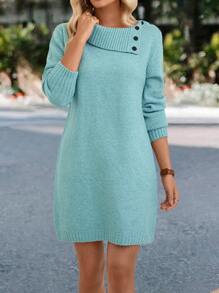 SHEIN LUNE Asymmetrical Neck Button Detail Sweater Dress - Mint Blue - View 1