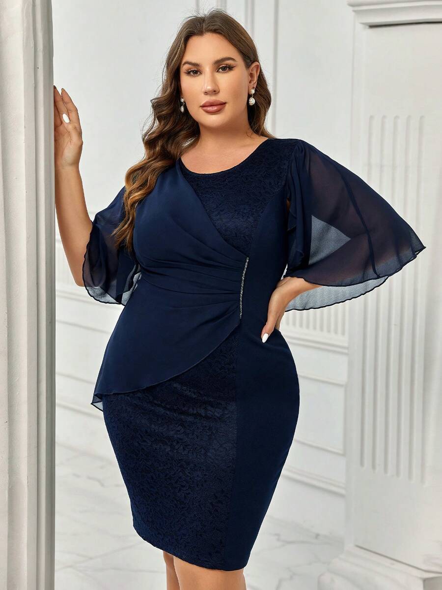 CurvySweet Plus Contrast Mesh Butterfly Sleeve Ruched Bodycon Dress - Navy Blue - View 1