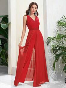 Double Crazy Contrast Lace Chiffon Maxi Overlay Jumpsuit Formal Dresses For Women - Red - View 4