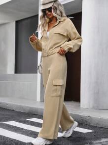 SHEIN Unity Túi có nắp Thả vai Áo khoác & Quần - Màu be - Xem 5