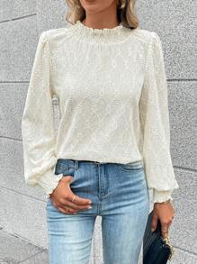 SHEIN Frenchy Frill Trim Lantern Sleeve Blouse Elegant - Apricot - View 3