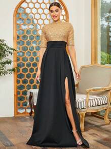 Missord Contrast Sequin Split Thigh Party Dress - Black - View 1