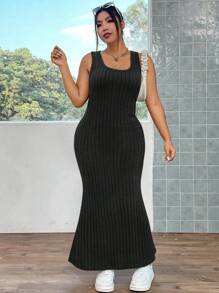 SHEIN MOOSTA Đầm Maxi Phối Ren Viền Đuôi Cá Dệt Kim Có Gân Plus Trang Phục Cho Nữ - màu đen - Xem 5