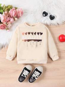 SHEIN Young Girl Heart Print Drop Shoulder Sweatshirt - Khaki - View 3