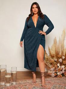 SHEIN Belle Trang phục phù dâu cho phụ nữ Plus Trọn gói Tách cao màu trơn - Màu xanh ngọc - Xem 1