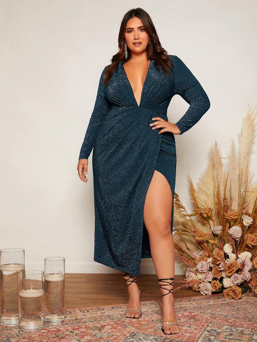 SHEIN Belle Trang phục phù dâu cho phụ nữ Plus Trọn gói Tách cao màu trơn - Màu xanh ngọc - Xem 1