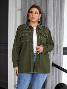 SHEIN Privé Hơn Chi tiết đáng kinh ngạc Cắt Thô Thả vai Áo khoác denim - xanh quân đội - Xem 5