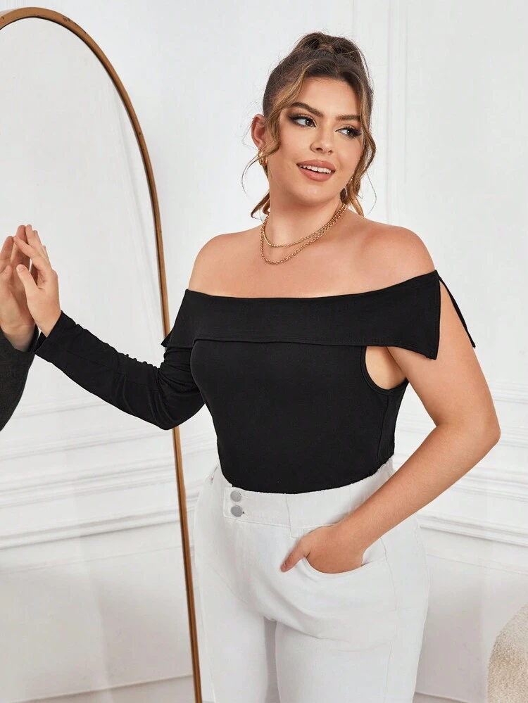 Plus Off Shoulder Foldover Solid Tee