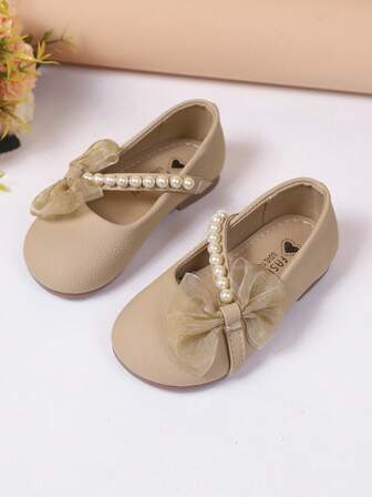 兒童人造珍珠、蕾絲、蝴蝶結設計平底鞋