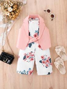 Baby Girl Solid Vest Jacket & Floral Print Belted Jumpsuit