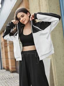 In My Nature Colorblock Zip Up Drop Shoulder Softshell Jacket - Black and White - View 6