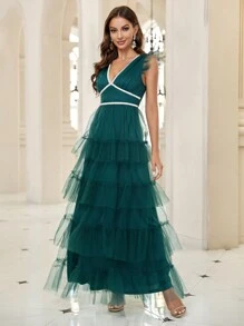 SHEIN Belle Contrast Tape Ruffle Trim Mesh Party Dress - Green - View 1