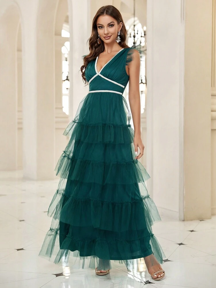 Contrast Tape Ruffle Trim Mesh Party Dress