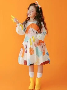 Chica Joven Vestido con estampado de dibujos animados bajo con fruncido - Multicolor - Ver 3